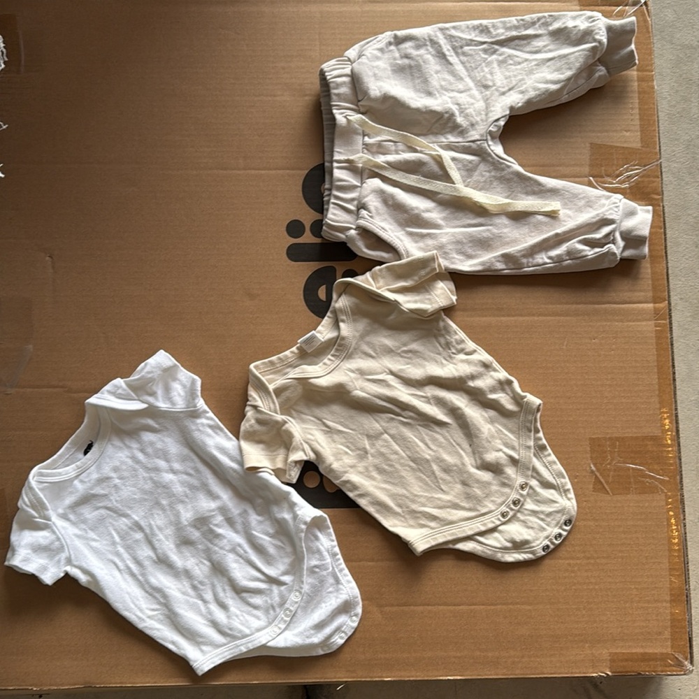 Organic cotton bundle - 2 onesies, 1 pant colored organics Monica & Andy 3-6M
